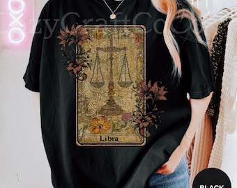 Libra Zodiac Tarot Tshirt, Astrology Birthday Gift for Her, Vintage Comfort Colors® Oversized Tee, Celestial Design, Mystic Horoscope Shirt