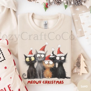 Meowy Christmas Shirt, Funny Cat Christmas Sweatshirt, Cat Lover Xmas Gift, Cat Mom Shirts, Christmas Crewneck, Christmas Cat Mom Sweater