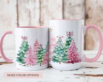 Pink Christmas Tree Mug, Hot Chocolate Mugs, Christmas Mug Gift, Pink Christmas Coffee Cup, Girly Gifts, Holiday Coffee Mug, Watercolor mug