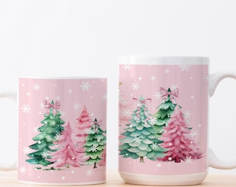 Pink Christmas Tree Mug, Hot Chocolate Mugs, Christmas Mug Gift, Pink Christmas Coffee Cup, Girly Gifts, Holiday Coffee Mug, Watercolor mug