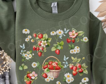 Strawberry Wildflower Daisy Shirt Pressed Flower Cottagecore Sweatshirt Boho Botanical Sweater Gardening Gift for Her Strawberry Lover Gifts