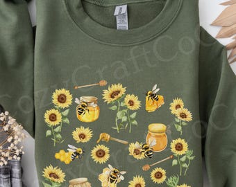 Cottagecore Honey Bee Sweatshirt Sunflower Honey Jar Shirt Floral Bee Lover Gift Aesthetic Nature Summer Bee Hive Sweater for Gardener