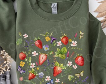 Pressed Flower Strawberry Shirt, Cottagecore Wildflower Sweatshirt, Boho Botanical Sweater, Gardening Gift for Her, Strawberry Lover Gifts
