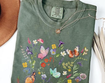 Boho Cottagecore Butterfly Shirt Comfort Colors® Wildflower Tshirt Vintage Botanical Floral Tee Flower Gift for Gardener Insects Lover