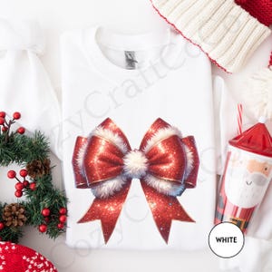 Christmas Coquette Bow Sweatshirt, Christmas Santa Bow Shirt, Xmas Glitter Sweater, Holiday Gift for Woman, Cute Red Ribbon Santa Shirt