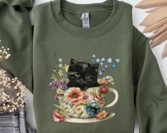 Cute Cat Cottagecore Sweatshirt, Floral Vintage Aesthetic Tea Cup Kitten Sweater, Wildflower Cat Shirt, Gift for Cat Lover, Cat Person Gift