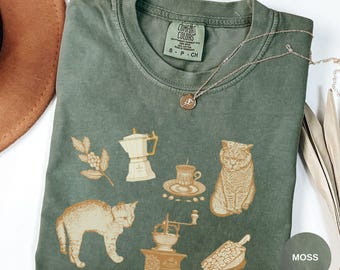 Vintage Coffee and Cats Graphic Shirt Comfort Colors®Oversized Tshirt for Women Retro Coffee Tee Funny Cat shirt Coffee Lover Gift