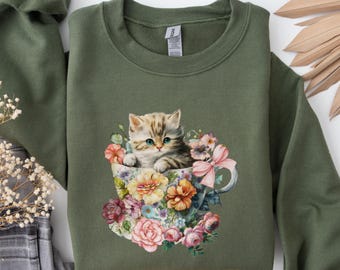 Cute Cat Cottagecore Sweatshirt, Floral Vintage Aesthetic Tea Cup Kitten Sweater, Wildflower Cat Shirt, Gift for Cat Lover, Cat Person Gift
