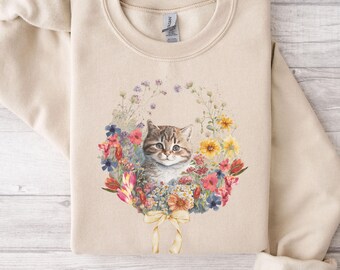 Cute Cat Wreath Cottagecore Sweatshirt, Floral Vintage Aesthetic Kitten Sweater, Wildflower Cat Shirt, Gift for Cat Lover, Cat Person Gift