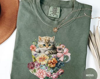 Cute Cat Cottagecore Shirt, Floral Vintage Aesthetic  Tea Cup Kitten T-Shirt, Gift for Cat Lover, Comfort Colors® Oversized Tee for Women