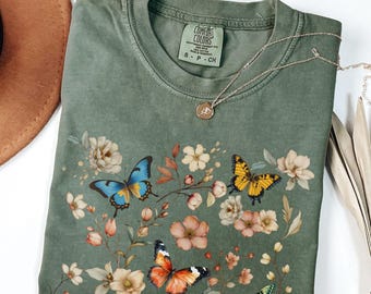 Boho Cottagecore Butterfly Shirt Comfort Colors® Wildflower Tshirt Vintage Botanical Floral Tee Flower Gift for Gardener Insects Lover