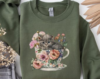 Cute Cat Cottagecore Sweatshirt, Floral Vintage Aesthetic Tea Cup Kitten Sweater, Wildflower Cat Shirt, Gift for Cat Lover, Cat Person Gift
