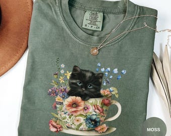 Cute Cat Cottagecore Shirt, Floral Vintage Aesthetic  Tea Cup Kitten T-Shirt, Gift for Cat Lover, Comfort Colors® Oversized Tee for Women