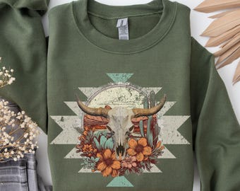 Western Sweatshirt, Cow Skull Shirt, Cowgirl Gifts, Gift for Country Girl, Cowgirl Sweatshirt, Vintage Western Sweater, Western Girl Shirt