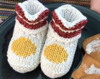 Baby Booties - KNITTING PATTERN - Bacon and Eggs - Seamless or Seamed in Five Sizes - Digital Download PDF