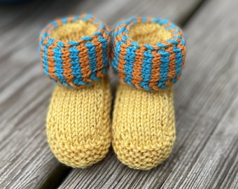 Baby Booties KNITTING PATTERN - Sunny Day - Seamless, Striped Cuff, in Five Sizes - Digital Download PDF