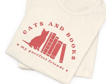 T-shirt femme amateur de livres et de chats - T-shirt mignon sur le thème des chats et des livres - Cadeau parfait pour les lecteurs et les propriétaires de chats - T-shirt chats et livres