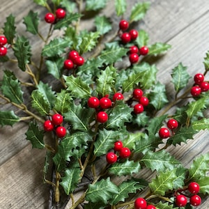 May include: A decorative holly branch featuring dark green, serrated leaves and clusters of bright red berries. The artificial botanical stem has multiple branching twigs with realistic leaf textures and smooth, round red berry accents throughout.