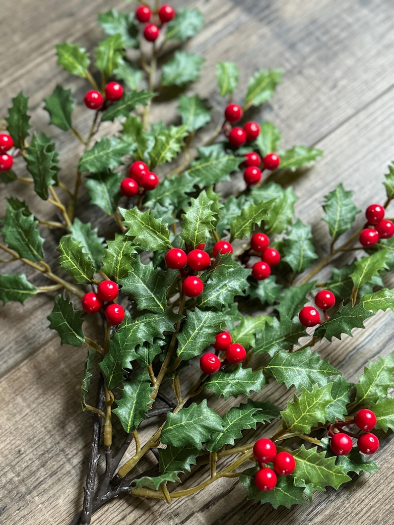 May include: A decorative holly branch featuring dark green, serrated leaves and clusters of bright red berries. The artificial botanical stem has multiple branching twigs with realistic leaf textures and smooth, round red berry accents throughout.