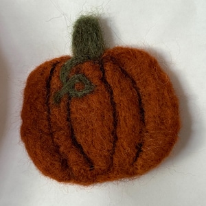 May include: A handmade, orange felt pumpkin with a green stem and vine. The pumpkin has vertical lines to define the sections. The felt has a textured appearance, and the pumpkin is set against a white background.