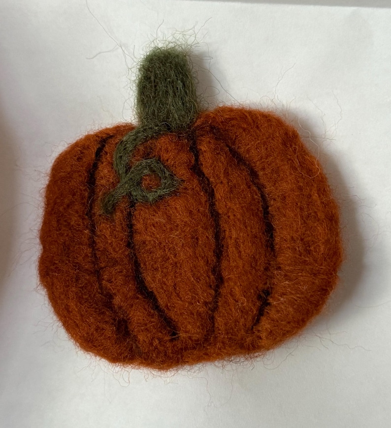 May include: A handmade, orange felt pumpkin with a green stem and vine. The pumpkin has vertical lines to define the sections. The felt has a textured appearance, and the pumpkin is set against a white background.