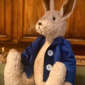 May include: A plush rabbit toy wearing a blue velvet jacket with white buttons. The rabbit has long ears and a fluffy, beige body.