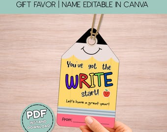 Back to School Pencil Gift Tag, First Day of School Student Favor, Welcome Back Teacher Gift, Editable Canva Template, Printable Tag