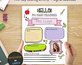 Meet the Teacher Meet the Teacher Printable, Editable Teacher About Me Template, First Day of School Coloring Activity, Teacher Bio