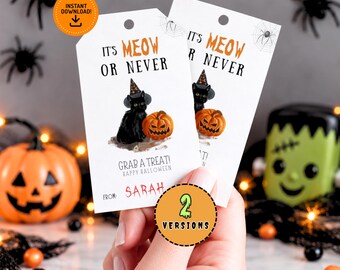 Meow or Never Black Cat Gift Tag, Witch Cat Lover Gift Tag, Class Halloween Basket Favor tags, Printable Spooky Gothic Halloween Tag
