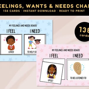 Puede incluir: Dos gráficos imprimibles con el texto "FEELINGS, WANTS & NEEDS CHART". Los gráficos son de color azul claro y rosa con ilustraciones de niños y las palabras "I FEEL" e "I NEED". La imagen también incluye un círculo negro con el número "138" y la palabra "cards".