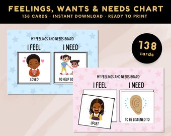138 "I Feel I Want I Need" Chart Printable Cards, Feelings and Needs Visual Coping Skills, Non-verbal Visual Aid, Early Education & Autism
