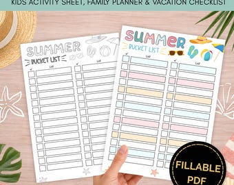 Fillable Summer Bucket List for Kids & Families, Printable Activity Planner, Vacation Checklist
