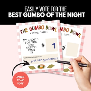 以下が含まれることがあります： ピンクのギンガムチェックの縁取りが付いた2つの「The Gumbo Bowl」投票用紙。「EASILY VOTE FOR THE BEST GUMBO OF THE NIGHT」の文字が上部にあります。1つの投票用紙には手書きの「1」があり、もう1つは投票用の空白スペースがあります。