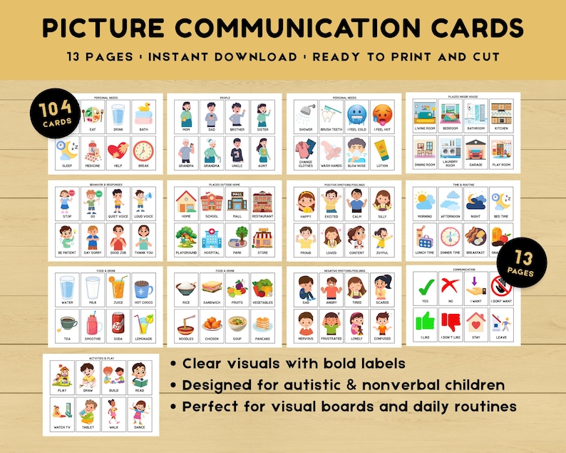 104 Printable Picture Communication Cards, Nonverbal Visual Aid, Nonverbal Speech Aid for Classroom, Homeschool, Autism Communication image 5