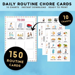 May include: Daily routine chore cards with 10 charts and 150 routine cards. The cards are ready to print and include illustrations for tasks like sweeping, cleaning, and mealtime activities. The text on the cards includes "To Do", "Family Time", "Hygiene", and "Meal Time".