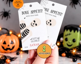 Bone Appetit Gothic Gift Tag, Skeleton Bones Gift Tags, Happy Halloween Favor Tags, Printable Spooky Halloween Treat Tags