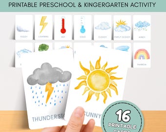 16 Weather Flashcards Printable | Preschool Activity | Weather Cards for Kids | Kindergarten Learning | Instant Download