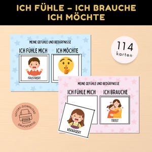 以下が含まれることがあります： ドイツ語の「ICH FÜHLE - ICH BRAUCHE - ICH MÖCHTE」のテキストが上部にある教育カードのセット。カードには感情とニーズのイラストが描かれており、「FRUSTRIERT」、「VERÄRGERT」、および「TROST」という言葉が使われています。円は114枚のカードを示しています。
