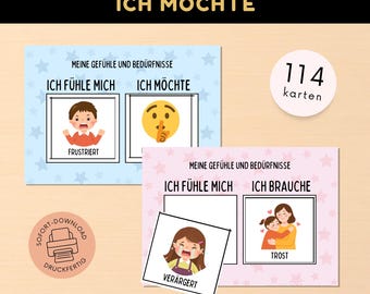 114 „Ich fühle – Ich möchte – Ich brauche“ Druckbare | Gefühle & Bedürfniskarten | Visuelle Kommunikationshilfe | Autismus  Frühförderung