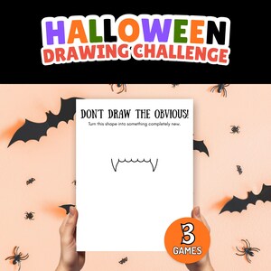 Puede incluir: Una hoja de desafío de dibujo blanca con el texto "DON'T DRAW THE OBVIOUS! Turn this shape into something completely new." y un dibujo de línea negra de colmillos de vampiro. Una insignia circular naranja muestra el texto "3 GAMES".