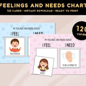 Könnte beinhalten: Ein Gefühle- und Bedürfnisse-Diagramm mit dem Text "FEELINGS AND NEEDS CHART" und "120 CARDS". Das Diagramm enthält Illustrationen von Emotionen wie "FRUSTRATED" und "UPSET" und Bedürfnissen wie "TO BE LISTENED TO". Das Diagramm ist druckfertig.