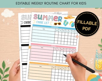 Fillable Kids Summer Checklist, Children Weekly Routine Chore Tracker, Digital Fill-In PDF