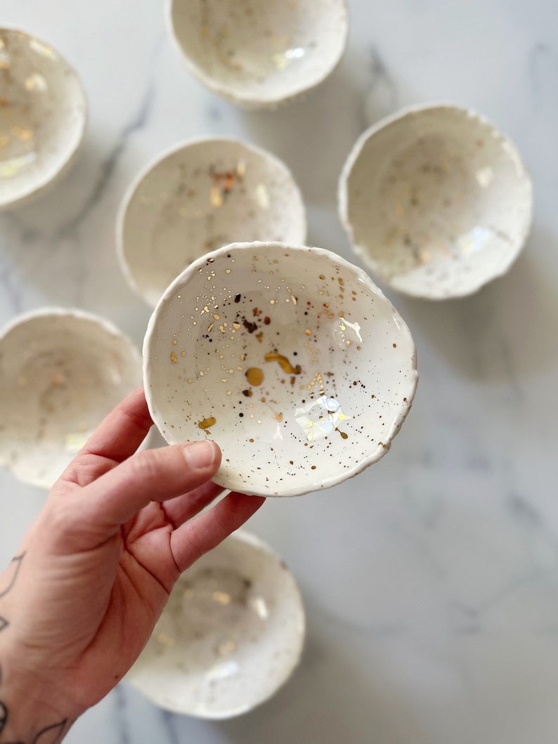 Gold Splatter Small Geode Bowl White Gold Small Ceramic Bowl, Ring Trinket Dish, Pinch Bowl, Hostess gift image 1