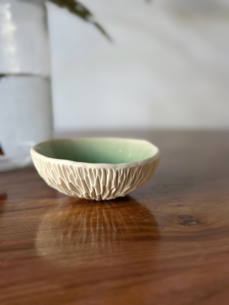 Small Jade Green Geode Bowl Handmade Ceramic Decorative Bowl, Textured Porcelain Ring Dish image 2