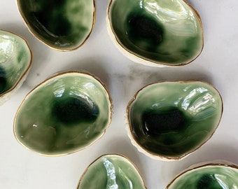 Small Green Abalone Bowl - Emerald Green White Ceramic RIng Dish, Gold Ceramic Bowl, Trinket Dish