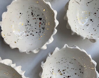 Small Gold Splatter Scallop Bowl - Small Ceramic Bowl, Handmade Pottery, Ring Dish, Pinch Bowl, Small Porcelain Dish