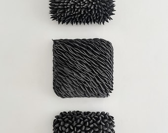 Black Porcelain Wall Art Trio: MADE TO ORDER - Textured Ceramic Tiles