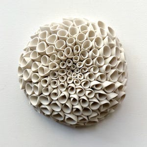 Porcelain Dahlia Wall Sculpture – Solenne - Handmade Ceramic Pom Pom Flower – Modern Organic Wall Art – 7” Porcelain Bloom