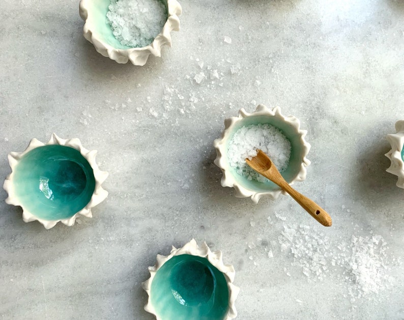 Tiny Scallop Bowl, Copper Blue Pinch Bowl, Salt Dish, Ceramic Ring Dish, Small Porcelain Bowl image 1