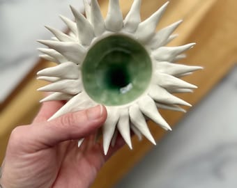 Jade Green Porcelain Urchin Bowl: Handmade Coastal Decor